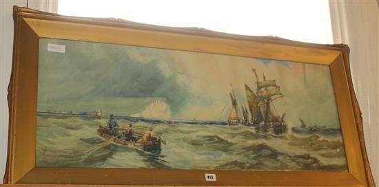 Large watercolour of ships on Seaford Bay by T B Hardy 16 x 44